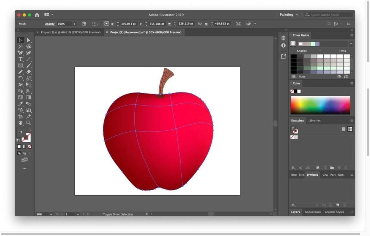 Adobe Illustrator window showing the apple with gradient mesh points selected