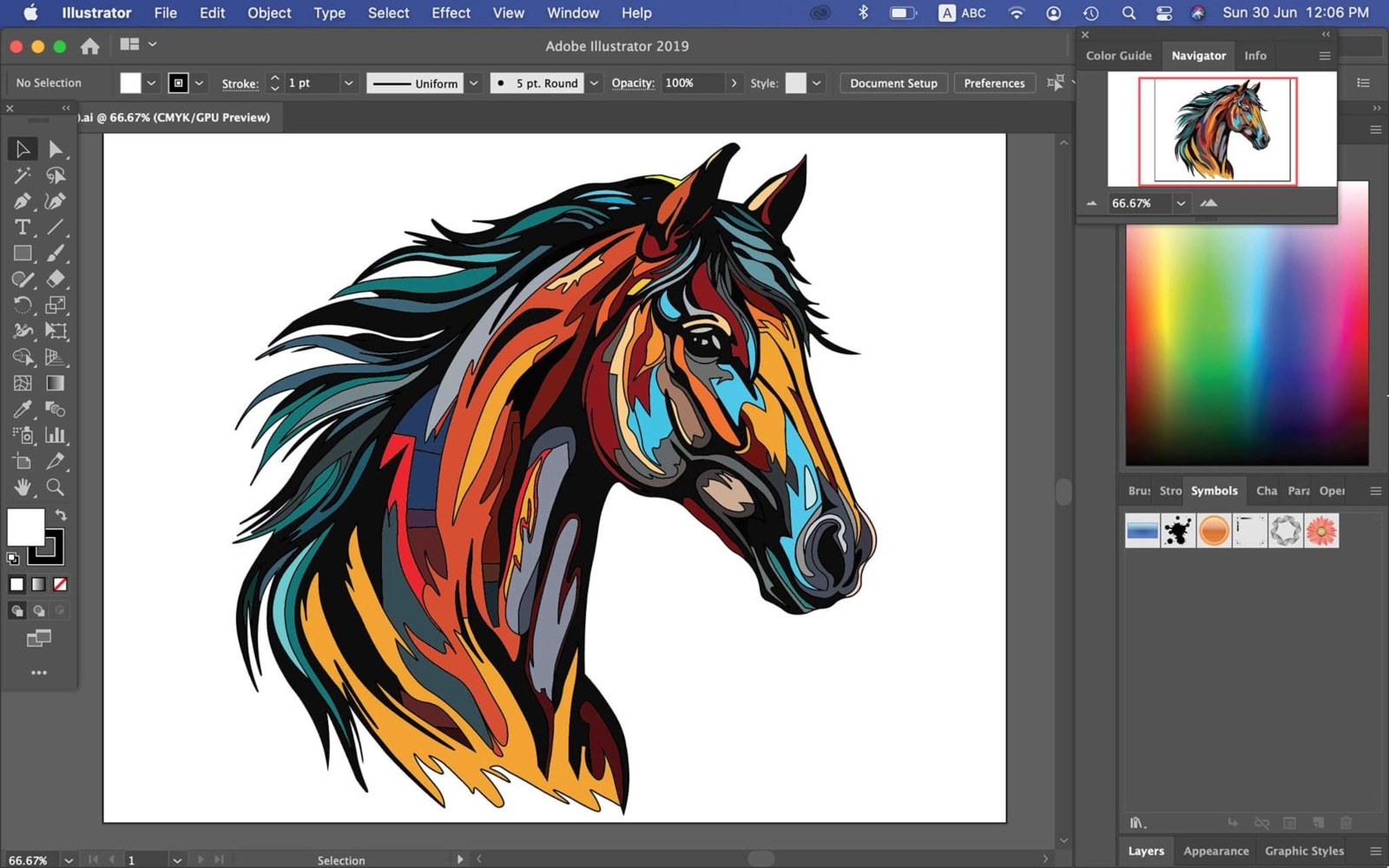 Adobe Illustrator window with the horse illustration on the artboard